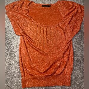 The Limited Women’s Shimmery Metallic Orange Short Sleeve Blouse Party Top Med